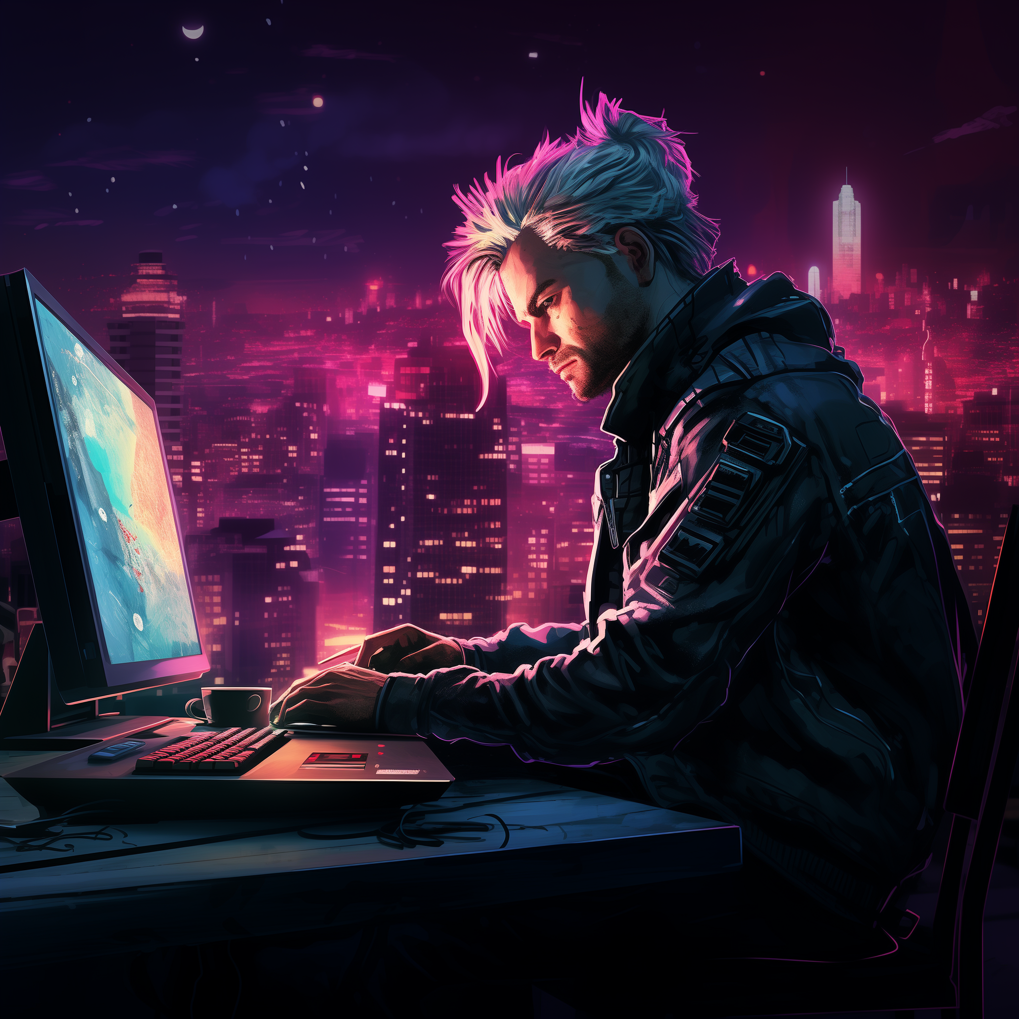 Computer programmer neon punk style